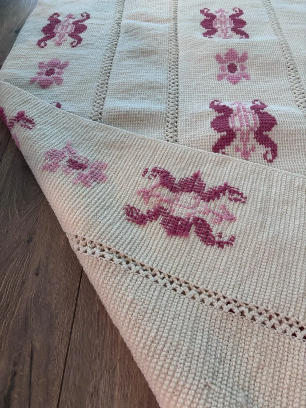Handmade Crochet Throw Blanket Cream Pink Fringe Boho Cottage Anthro Afghan